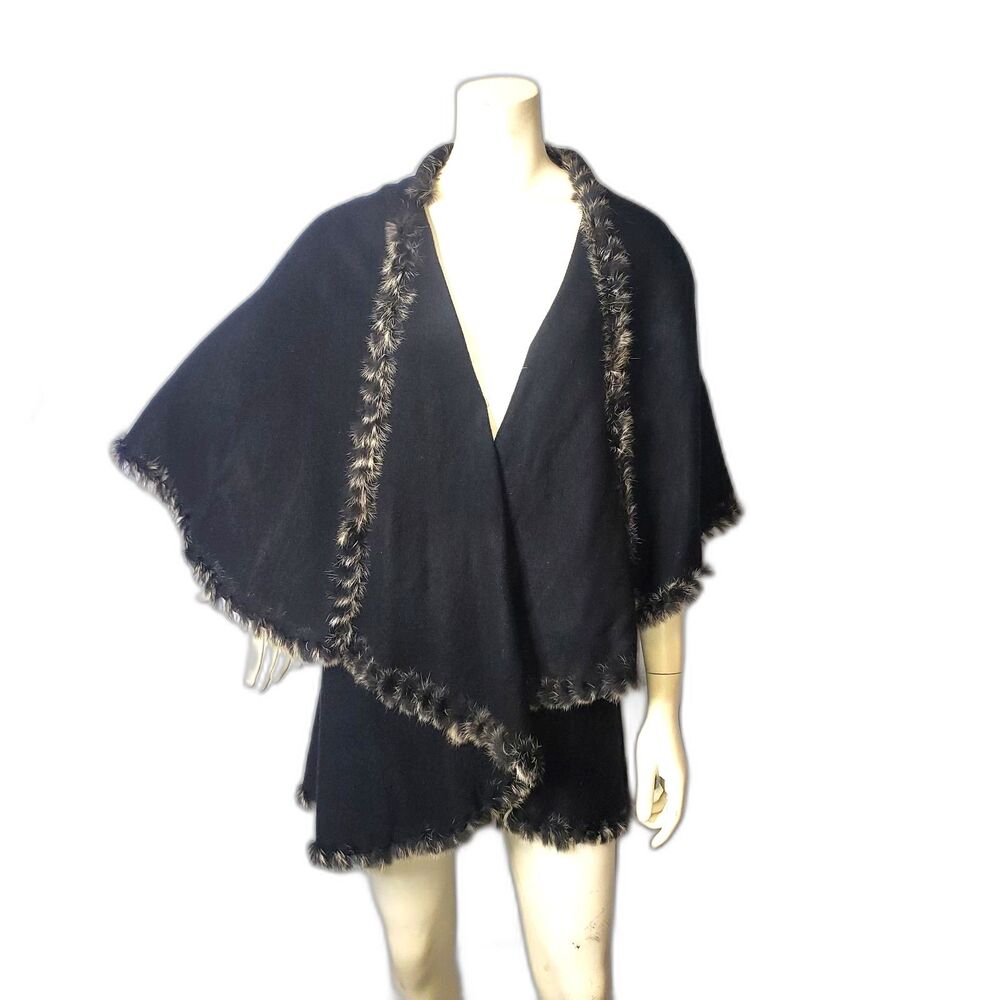 Black Fur Trim Long Soft Shawl Wrap Cape Women Outerwear One Size